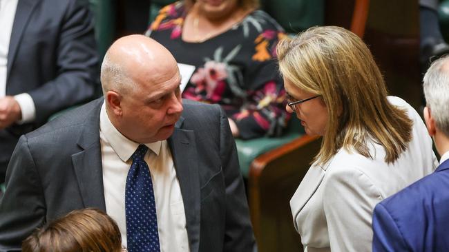 Premier Jacinta Allan (left) speaks to Treasurer of Victoria Tim Pallas (right) at Victorian Parliament House on October 03, 2023 in Melbourne, Australia. Picture: Asanka Ratnayake