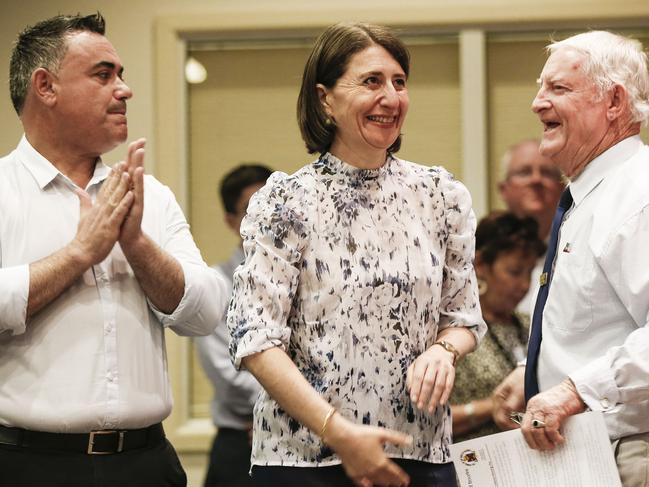 Mr Constance praised John Barilaro and Gladys Berejiklian, pictured with Bourke Mayor Barry Hollman, for focusing on people rather than political game-playing. Picture: Dylan Robinson