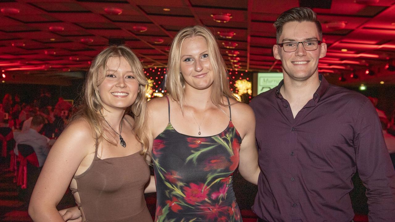 (from left) MJ Oliphant, Jessica Rowe and Mason Hughes. Sports Darling Downs Sports Stars of the Year dinner. Saturday, February 11, 2023. Picture: Nev Madsen.