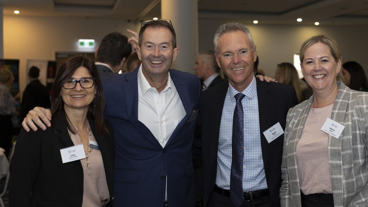 Julia Jones-Walker from the office of federal MP Ted O'Brien, Member for Fisher Andrew Wallace, Brett Harris from National Australia Bank and Alaina Megson from the office of Andrew Wallace at the Sunshine Coast Small Business Month breakfast at Maroochy RSL. Picture: Barry Alsop