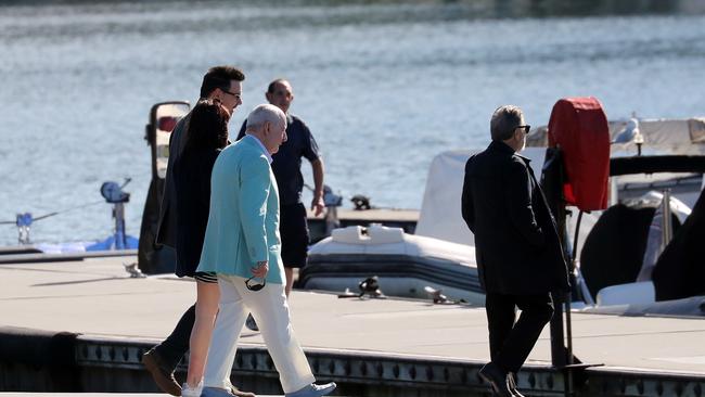 The retired broadcaster walks to Anthony Bell’s yacht at Rose Bay Marina.