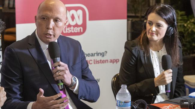 Home Affairs Minister Peter Dutton and Labor candidate for Dickson Ali France debating as the campaign for the electorate heats up. Picture: AAP Image/Glenn Hunt