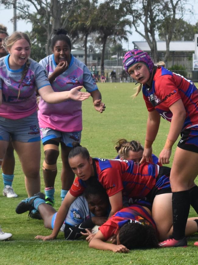 Kulpiyam score in the open women's grand final between Kulpiyam and Coastal Neurs at the Mackay Indigenous Rugby League Carnival. Picture: Mitch Bourke.