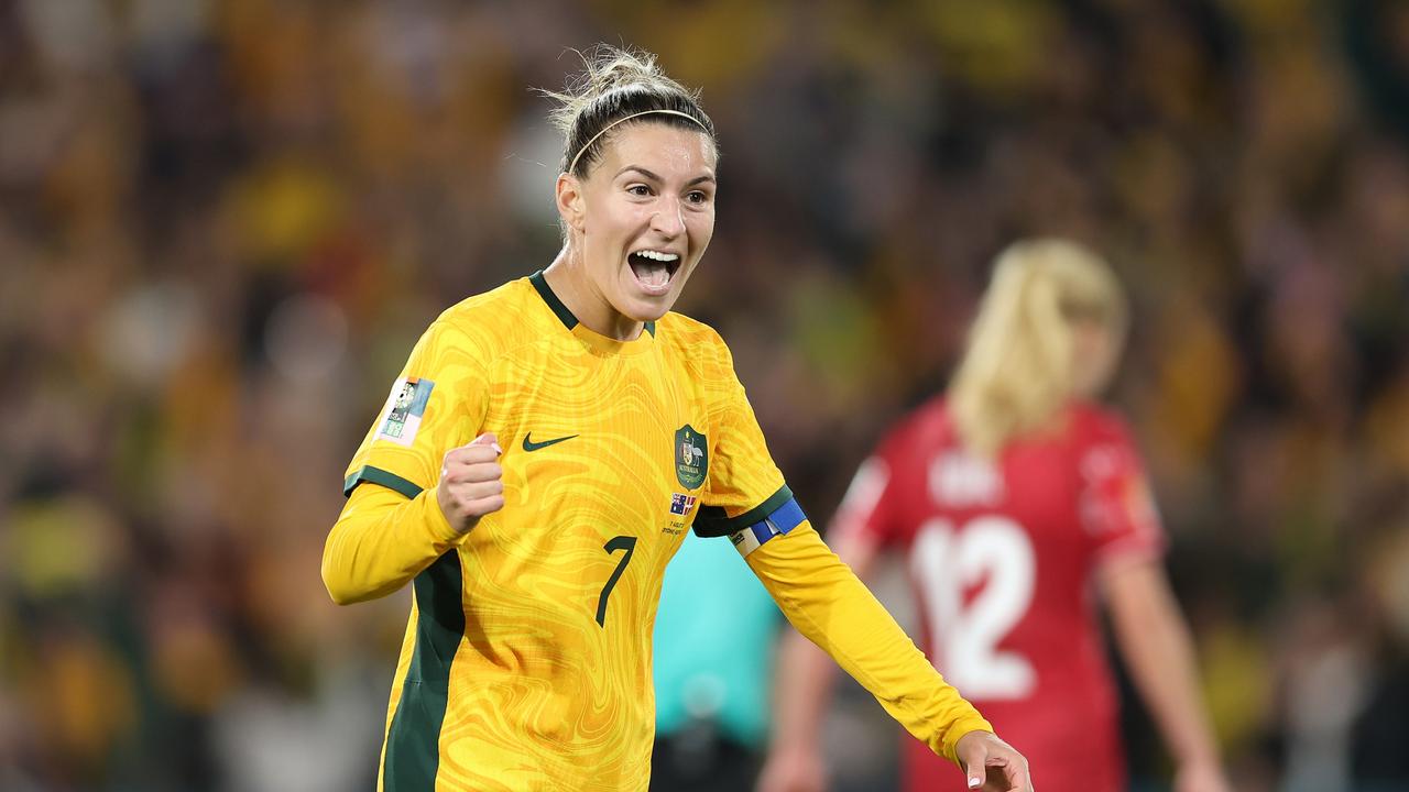 P1 players. SYDNEY, AUSTRALIA - AUGUST 07: Steph Catley of Australia celebrates her team's second goal scored by Hayley Raso (not pictured) during the FIFA Women's World Cup Australia &amp; New Zealand 2023 Round of 16 match between Australia and Denmark at Stadium Australia on August 07, 2023 in Sydney / Gadigal, Australia. (Photo by Matt King - FIFA/FIFA via Getty Images)
