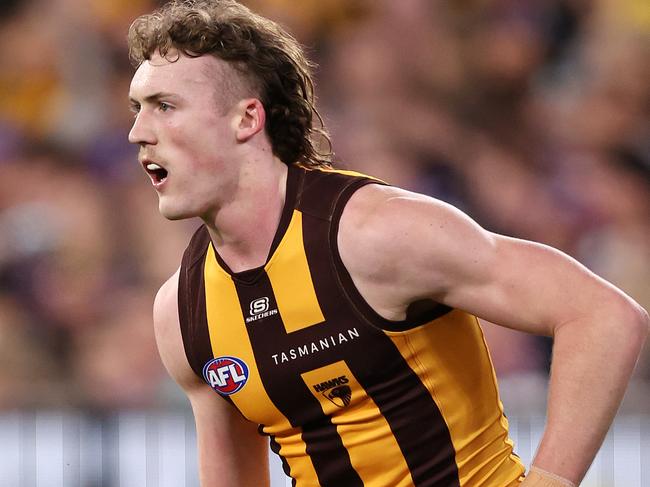 MELBOURNE, SEPTEMBER 6, 2024: 2024 AFL Football - Elimination Final - Western Bulldogs v Hawthorn at the MCG. Josh Weddle of the Hawks in action. Picture: Mark Stewart