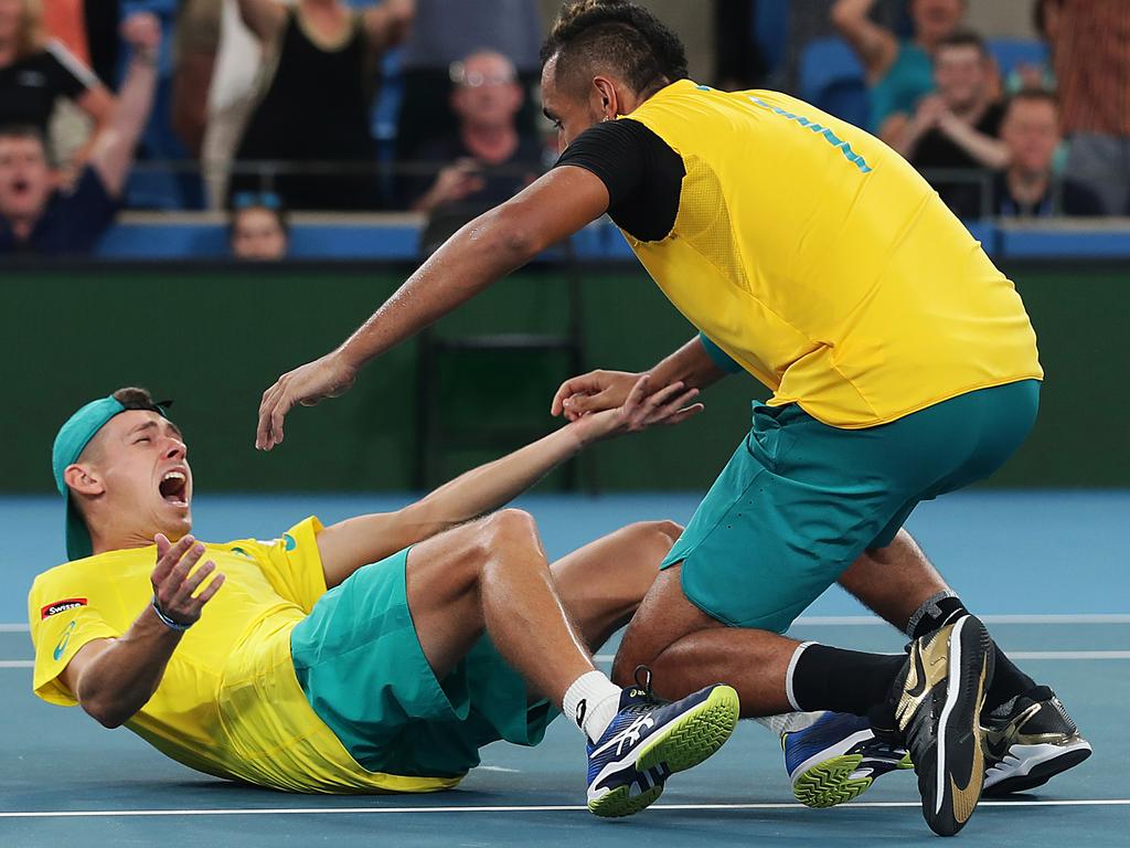 Alex de Minaur and Nick Kyrgios celebrate last year. The later won’t be part of the tournament in 2021. Picture: Mark Metcalfe/Getty