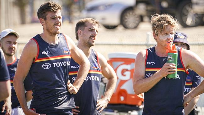 Paul Seedsman and Rory Sloane at Crows training in December. Picture: AAP/Mike Burton