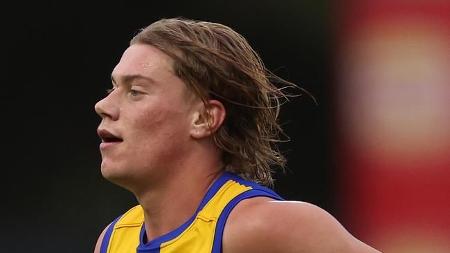 PERTH, AUSTRALIA - FEBRUARY 24: Harley Reid of the Eagles looks on during an AFL practice match between West Coast Eagles and Fremantle Dockers at Mineral Resources Park on February 24, 2024 in Perth, Australia. (Photo by Will Russell/Getty Images)