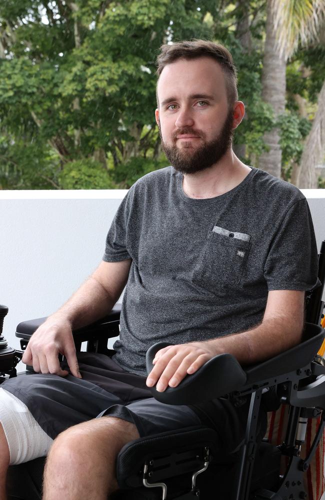 Injured Motorcyclist Adam Croton has had 15 surgeries and has been left wheelchair-bound but forgives the elderly driver who almost killed him, Loganlea. Picture: Liam Kidston.