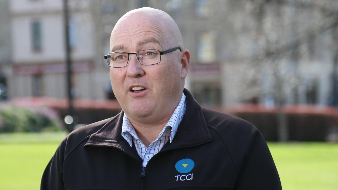 TCCI CEO Michael Bailey speaks to the media on Parliament Lawns in Hobart on Wednesday, August 9, 2023.