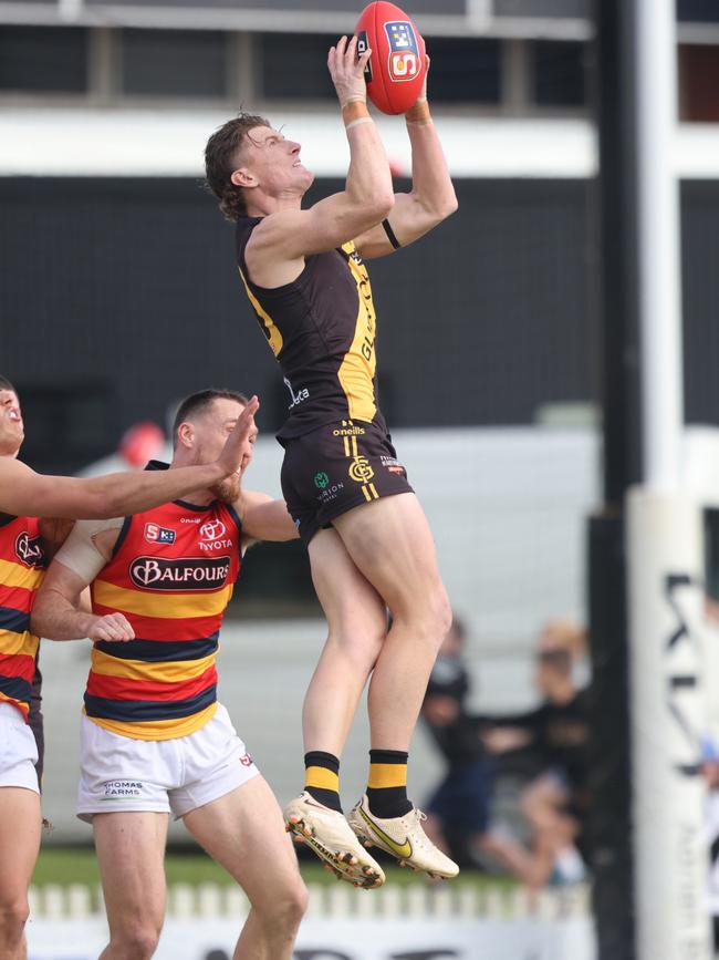 Tiger Lachie Hosie marks strongly against the Crows. Picture: Cory Sutton/SANFL