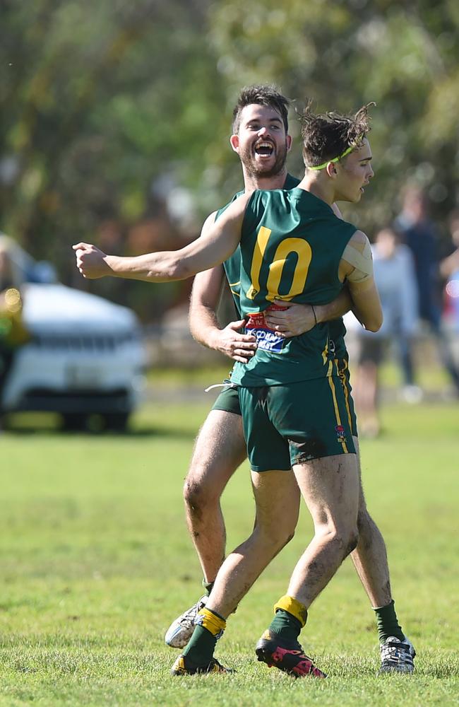 Happier times: Mt Waverley players Jonathan Jordan and Jackson Smith celebrate a goal in the 2016 grand final.