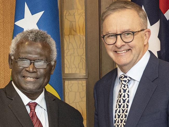 CANBERRA, AUSTRALIA NewsWire Photos OCTOBER 06, 2022:Prime Minister Anthony Albanese welcomed Solomon Islands Prime Minister Manasseh Sogavare in Parliament House in Canberra.Australia and Solomon Islands are part of the Pacific family and have a strong security partnership, based on decades-long policing and maritime cooperation.Australia is Solomon IslandsÃ¢â¬â¢ largest development partner, contributing in all areas of society and the economyÃ¢â¬âfrom health, justice and education, to infrastructure, labour mobility, private sector growth, agriculture and rural development.Prime Minister Albanese last met with Prime Minister Sogavare in July at the Pacific Islands Forum in Fiji.Picture: NCA NewsWire / Gary Ramage