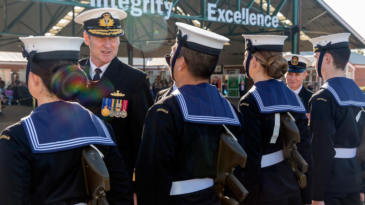 Co-Head ADF Recruitment and Retention Tiger Team, Rear Admiral Robert Plath, inspects graduating sailors of General Entry at HMAS Cerberus, Victoria.