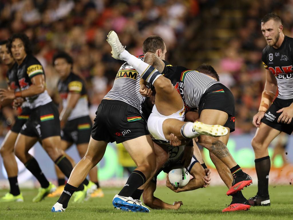 Esan Marsters of the Cowboys is tackled. Picture: Mark Kolbe/Getty Images