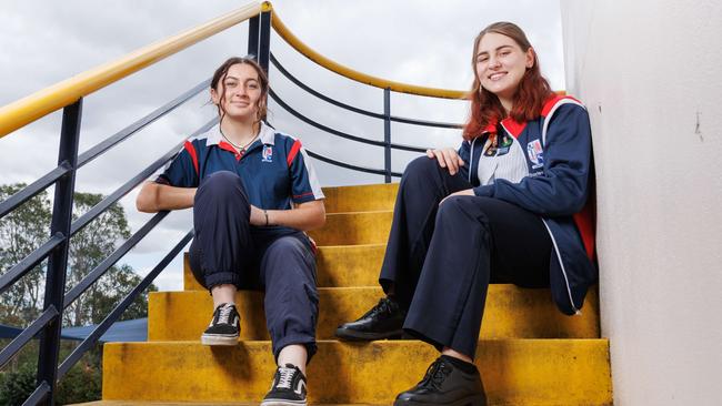 Libby Austin and Charlee Rose Murtough-Coombes, Year 12 students at Emmaus Catholic College in Kemps Creek, had their HSC Legal Studies exam on Wednesday morning. Picture: Max Mason-Hubers