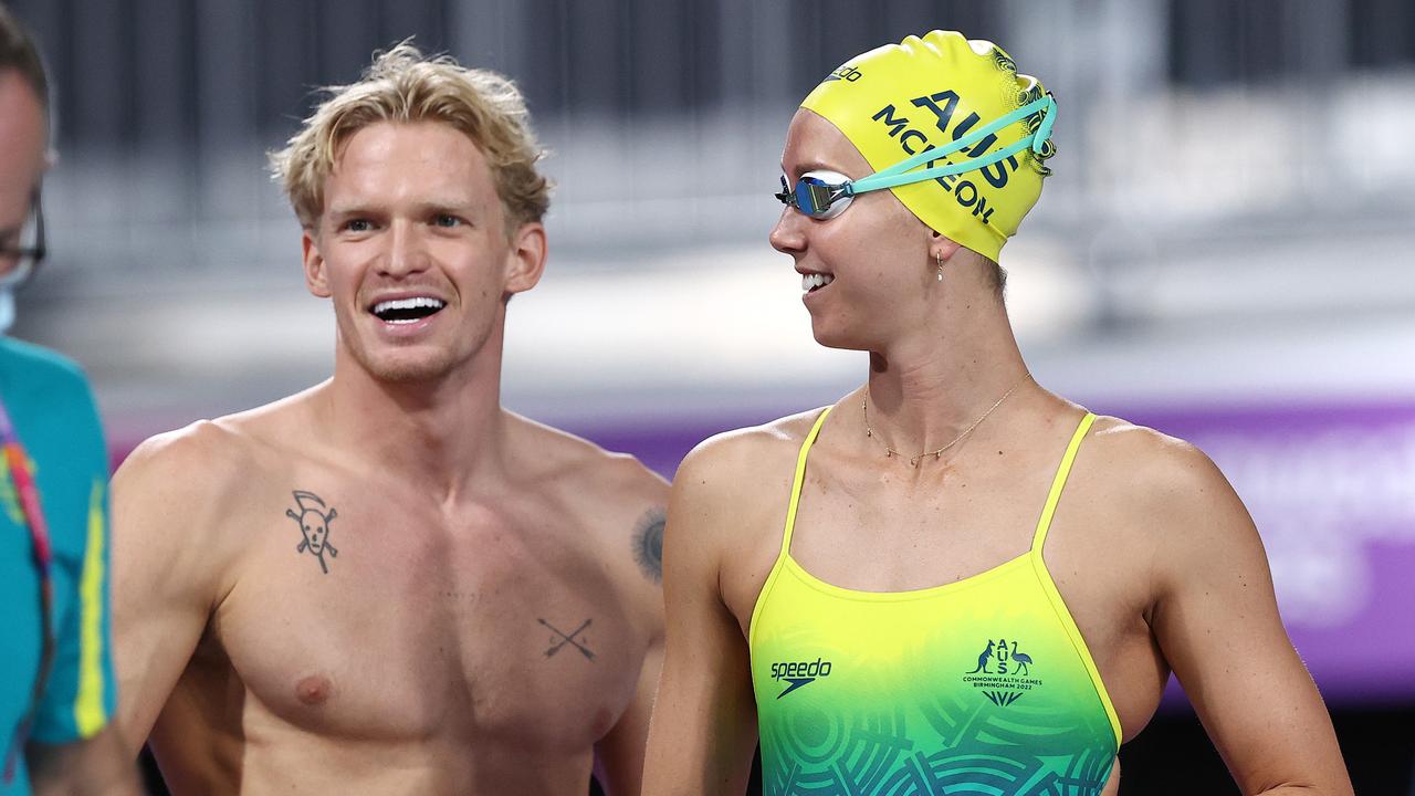 Australian swimmers Emma McKeon and Cody Simpson in Birmingham. Picture: Michael Klein.