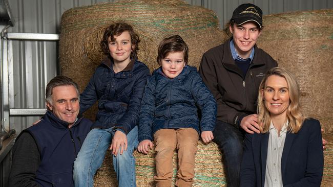 Tom Dabernig with wife Cassi and sons Teddy, 10, George, 4, and Hugo, 13. Picture: Robin Sharrock