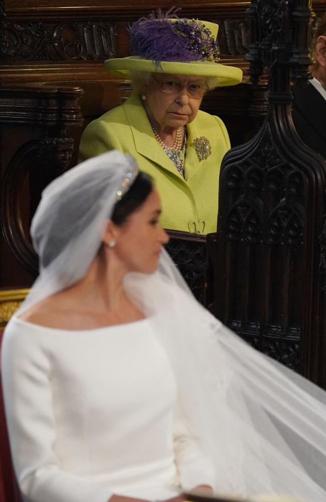 The Queen looks on at Meghan on her wedding day. Picture: AFP