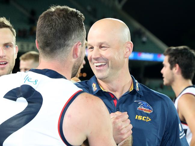 Crows coach Matthew Nicks after the win. Picture: Sarah Reed