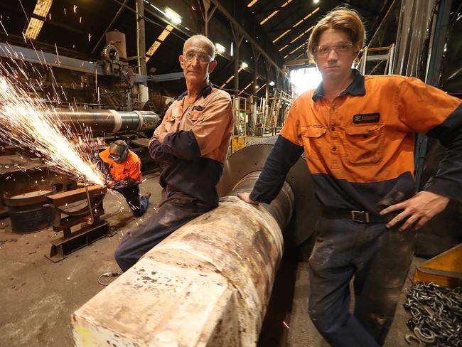 12/3/2019 : Long time worker Paul Stringer 56, and his son Eli Stringer 15, at the Bundaberg Walkers foundry in Bundaberg north of Brisbane. Both are concerned about their futures, knowing the cost of energy for the business could one day force its closure. Lyndon Mechielsen/The Australian