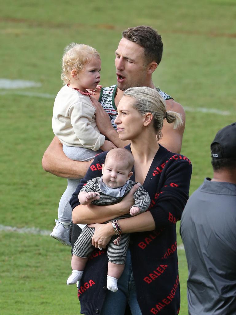 Sam Burgess with Phoebe Burgess and their children. Picture: Richard Dobson