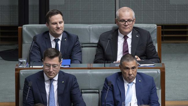 Former Prime Minister Scott Morrison and Alex Hawke during Question Time in the House of Representatives at Parliament House in Canberra. Picture: Gary Ramage