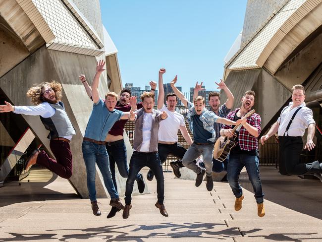 Richard Lock, Se‡n Keany, Luke Johnson, Ali Higgins, George Bray, Ali Crosswell, James Hudson, Chris Norton, Josh Lloyd from The Choir of Manare coming to the Sydney Opera House in March. Picture: Monique Harmer