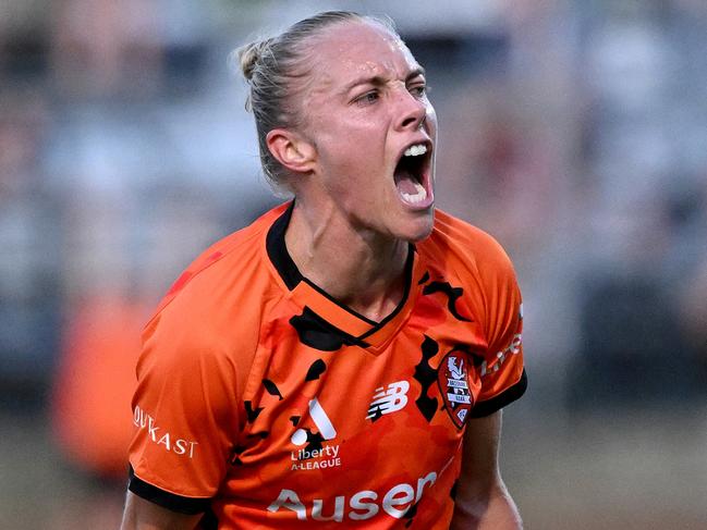 BRISBANE, AUSTRALIA - MARCH 02: Tameka Yallop of the Roar celebrates after scoring a goal during the A-League Women round 18 match between Brisbane Roar and Melbourne City at Perry Park, on March 02, 2024, in Brisbane, Australia. (Photo by Bradley Kanaris/Getty Images)