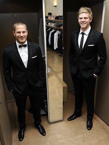 Essendon's David Zaharakis and Michael Hurley in suits for the Brownlow.     Picture: Jon Hargest