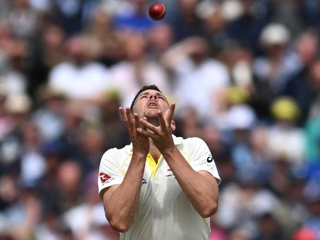 Josh Hazlewood takes a catch to dismiss England's Stuart Broad. Picture: AFP