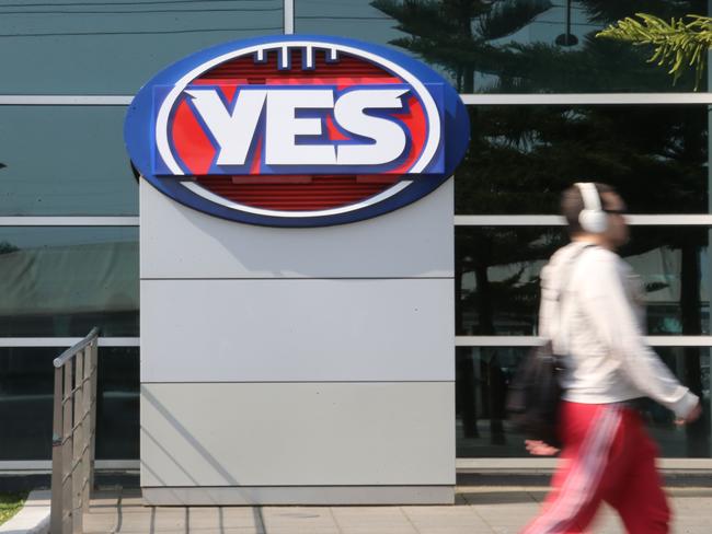 The AFL headquarters in Melbourne was forced to take down their Sherrin-shaped “Yes” sign after receiving a bomb threat. Picture: Paul Rovere/Getty Images