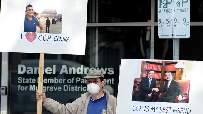 Protesters outside Daniel Andrews' electoral office in Noble Park. Picture: Andrew Henshaw