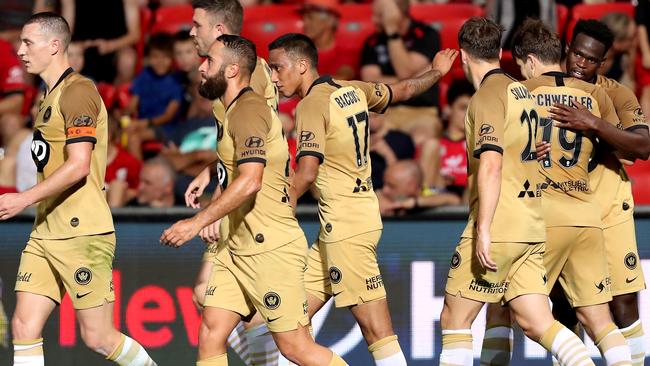 Wanderers playes celebrate Mohamed Adam’s (right) goal. Picture: AAP