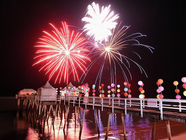 Paddle out for the whales at Scarness Beach - fireworks light up the Coast pop-up restaurant on Scarness jetty.Photo: Alistair Brightman / Fraser Coast Chronicle