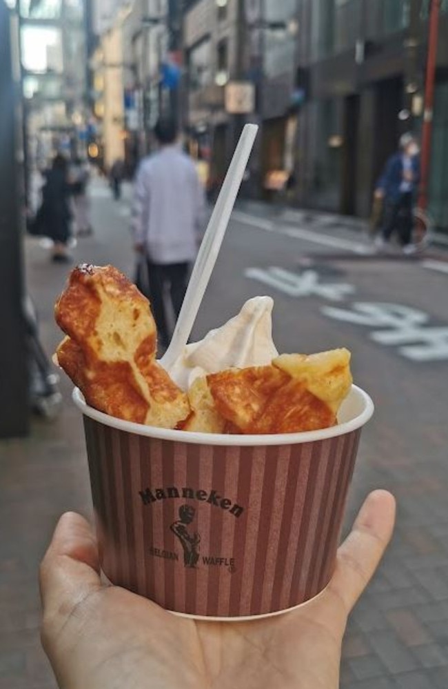 Just don’t make the mistake I made and eat and walk. I was devouring the pictured ice cream and waffle treat when I copped stares. You won’t get fined for it but the act is considered rude. Picture: News.com.au