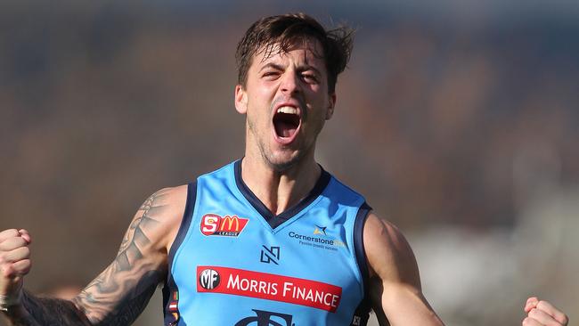 Jake Sutcliffe (Sturt) celebrates after he kicked a goal during the second quarter. Sturt v Port Adelaide, at Unley Oval. SANFL Football. 18/06/17  Picture: Stephen Laffer