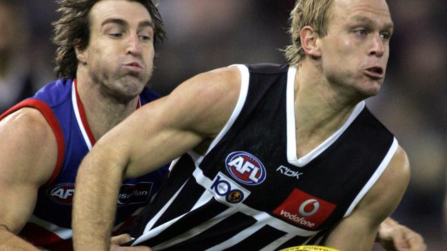 Port Adelaide’s Chad Cornes wears the prison bars jumper in a 2007 Heritage Round clash with the Bulldogs.