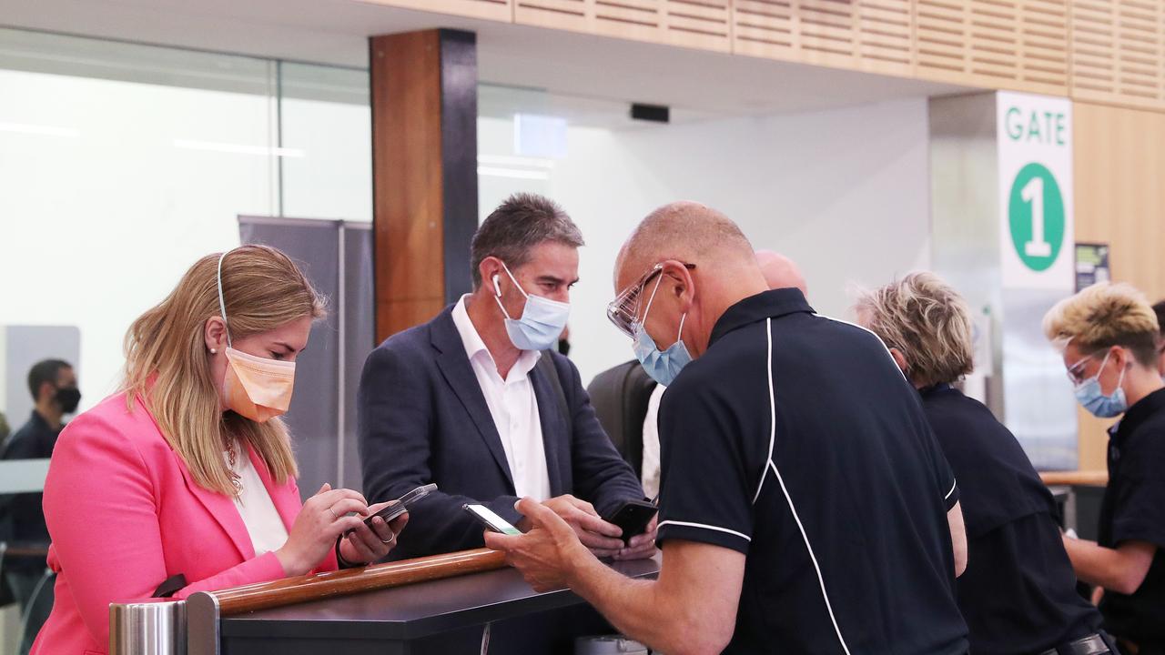 Details of passengers being checked on arrival. Tasmanian borders open to high risk states once again. Picture: Nikki Davis-Jones