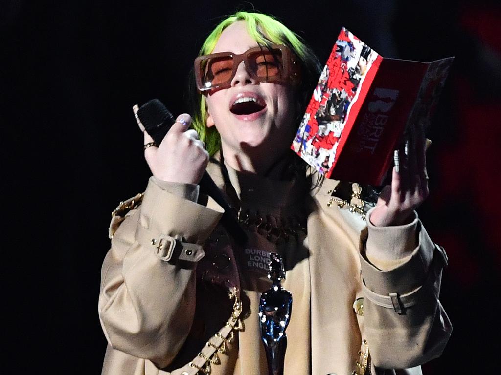 Billie Eilish presents Mastercard Album of The Year during The BRIT Awards 2020 in London. Picture: Gareth Cattermole/Getty Images