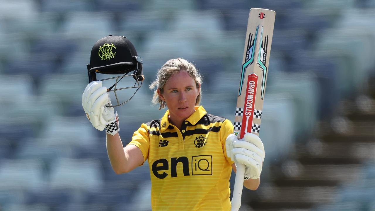 PERTH, AUSTRALIA - SEPTEMBER 25: Beth Mooney of Western Australia celebrates her century during the WNCL match between Western Australia and Australian Capital Territory at the WACA, on September 25, 2022, in Perth, Australia. (Photo by Paul Kane/Getty Images)