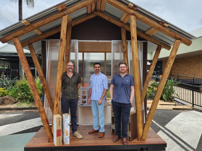 Environmental Engineer, Professor Andrew Rose of Southern Cross University, left, with University of Queensland's PhD Candidate Mahmoud Abu-Saleem and Associate Professor and Civil Engineer Joe Gattas at the sustainable house at the Lismore campus. Sustainable cardboard homes: a post-disaster housing solution? A pioneering approach to resource-efficient building design could give people quicker access to high-quality temporary homes after disasters like the 2022 floods in Lismore. Researchers have teamed up with government and industry partners to develop a bio-based, low-carbon housing system using waste cardboard and under-utilised timber materials sourced from the local area.