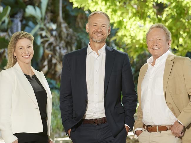 Squadron Energy CEO Eva Hanly, CWP Renewables CEO Jason Willoughby and Chairman of Tattarang Dr Andrew Forrest AO. Picture: Frances Andrijich