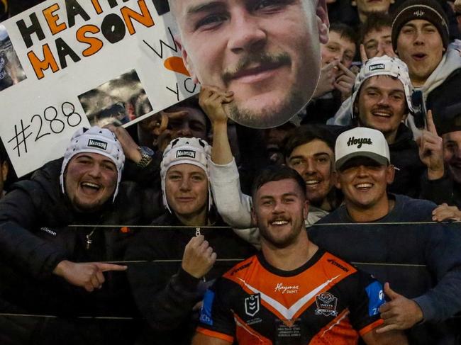 Heath Mason with ex-Thirlmere Roosters teammates after his NRL debut for Wests Tigers at Leichhardt Oval. Picture: Wests Tigers