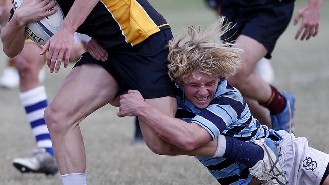 ISA1's Riley Langfield tackled by GPS1's Jullien Cailloli in a trial match recently. .