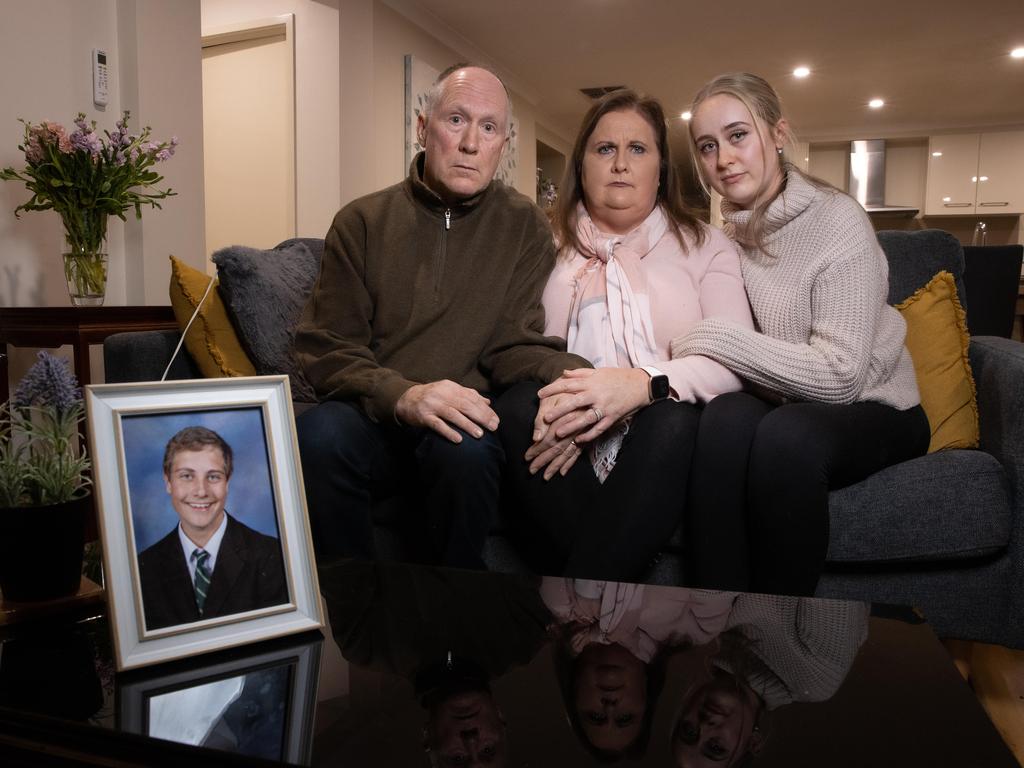 Tim’s older sister, Emma, and parents Barb and Dale Fehring at home in Ringwood North. Timothy Dale Fehring died while on a school trip in Germany. Picture: Jason Edwards