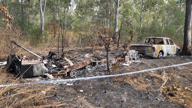 Police are investigating after a four-wheel drive ute towing a caravan caught fire on the Bruce Highway at Raglan on Sunday, September 1. Picture: Darryn Nufer