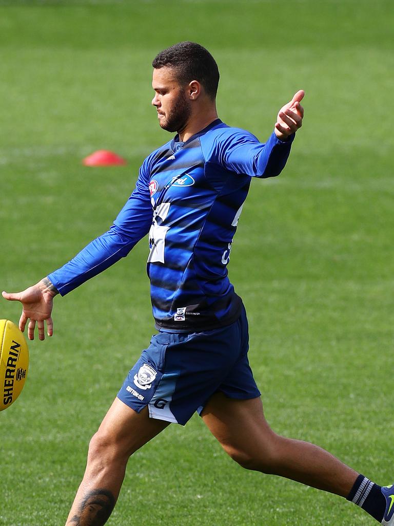 Brandan Parfitt kicks long at training. Picture: Alison Wynd