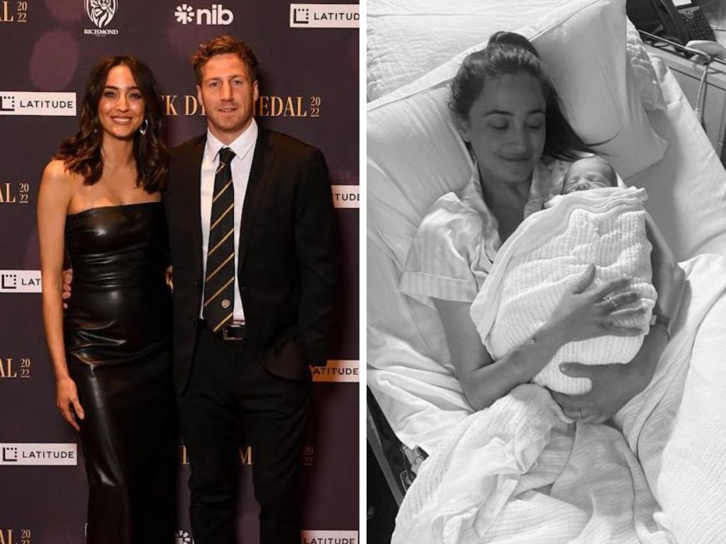 Abbey Gelmi with husband Kane Lambert and her first child. Photos: AFL Photos/Instagram