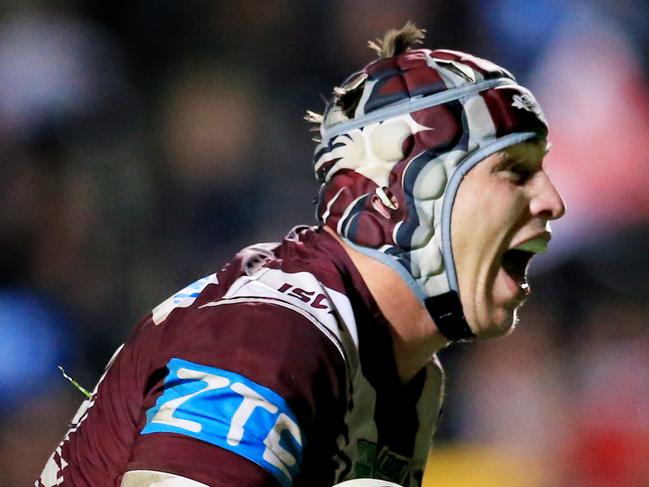 Jamie Buhrer of Manly celebrates a try during the Manly Sea Eagles v St George Illawarra Dragons round 17 match at Brookvale Oval. pic Mark Evans